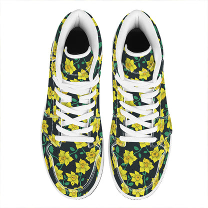 Drawing Daffodil Flower Pattern Print High Top Leather Sneakers