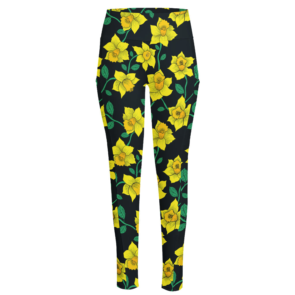 Drawing Daffodil Flower Pattern Print High-Waisted Pocket Leggings