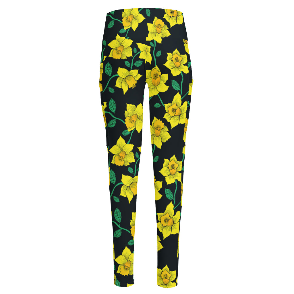 Drawing Daffodil Flower Pattern Print High-Waisted Pocket Leggings