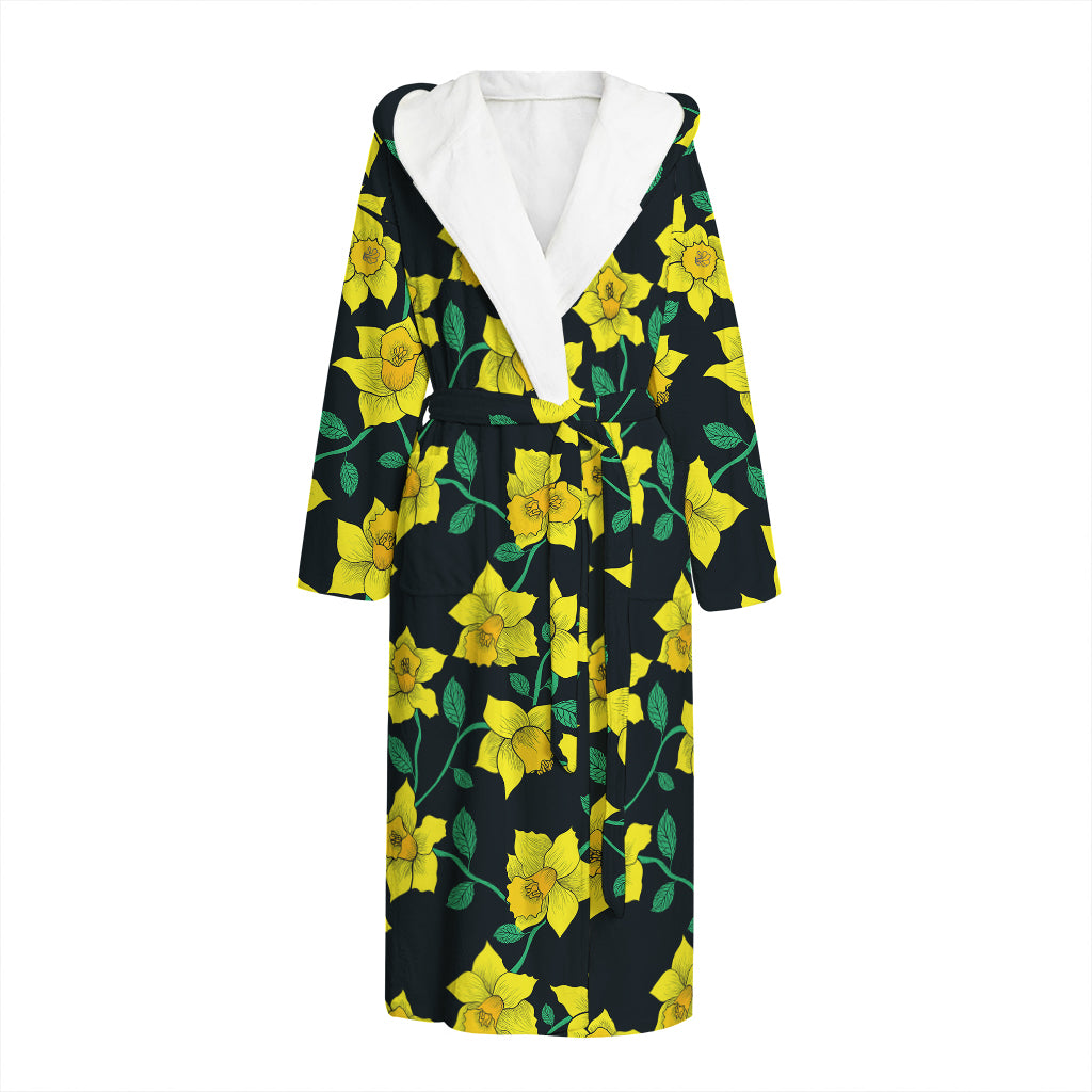 Drawing Daffodil Flower Pattern Print Hooded Bathrobe