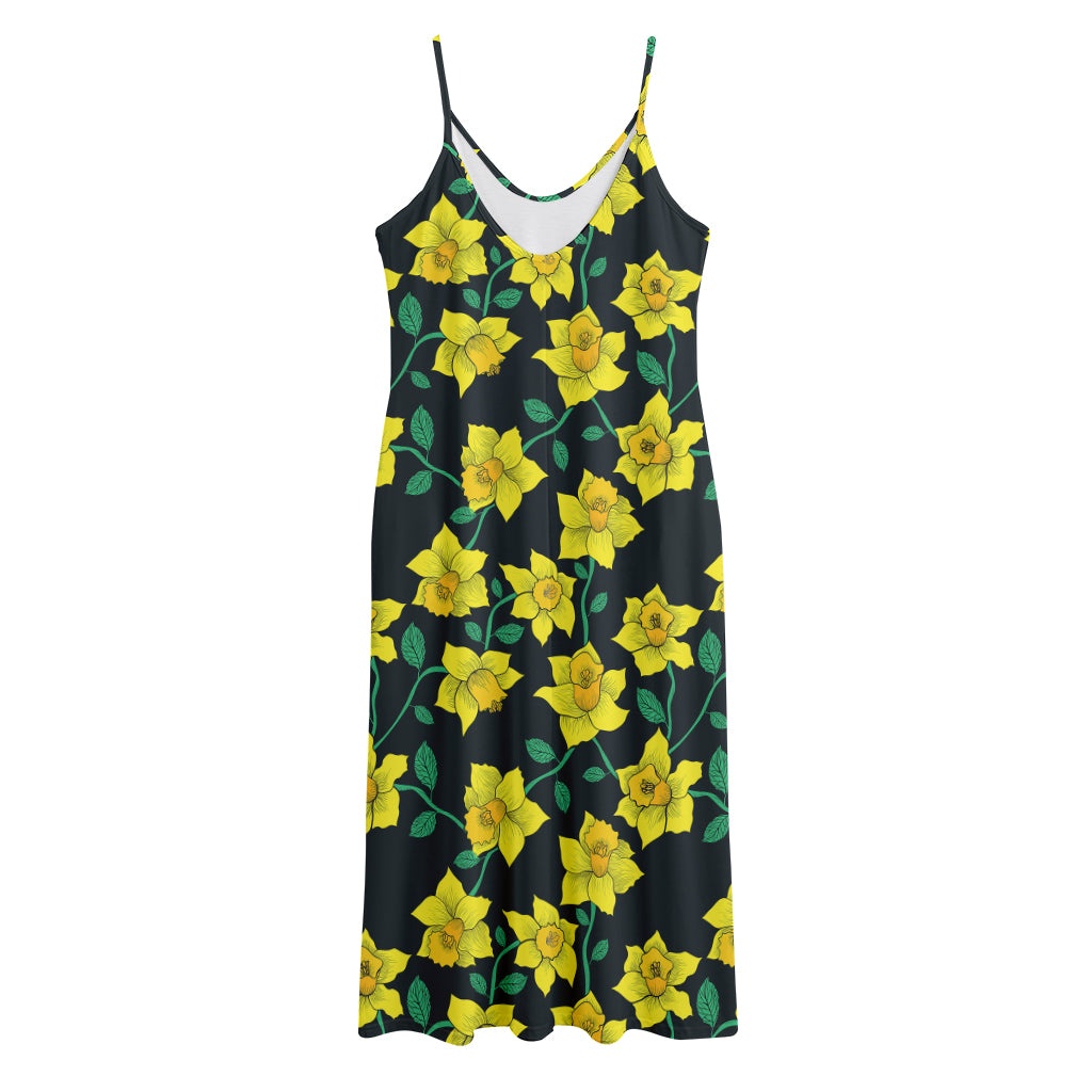 Drawing Daffodil Flower Pattern Print Jersey Midi Cami Dress