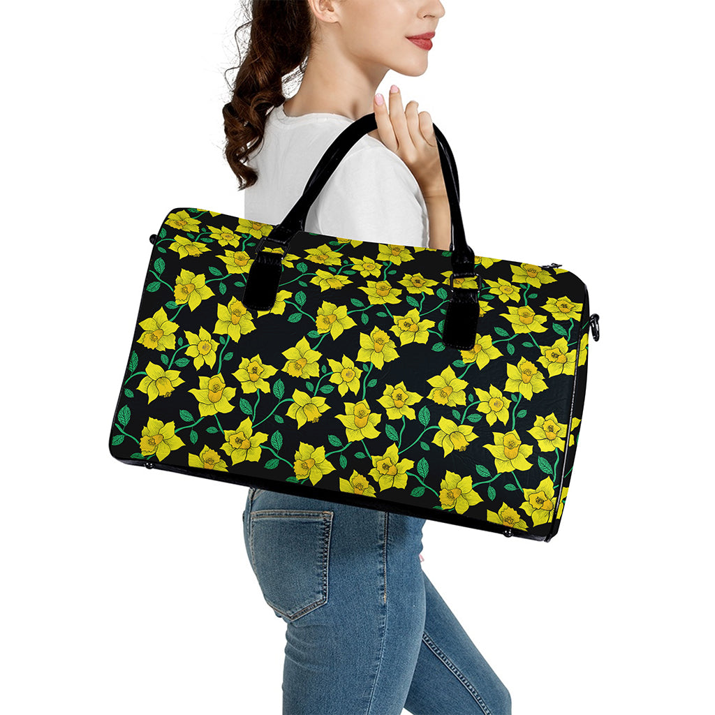 Drawing Daffodil Flower Pattern Print Leather Duffle Bag