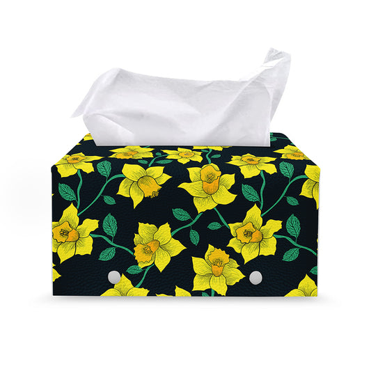 Drawing Daffodil Flower Pattern Print Leather Tissue Box Cover