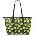 Drawing Daffodil Flower Pattern Print Leather Tote Bag With Zipper