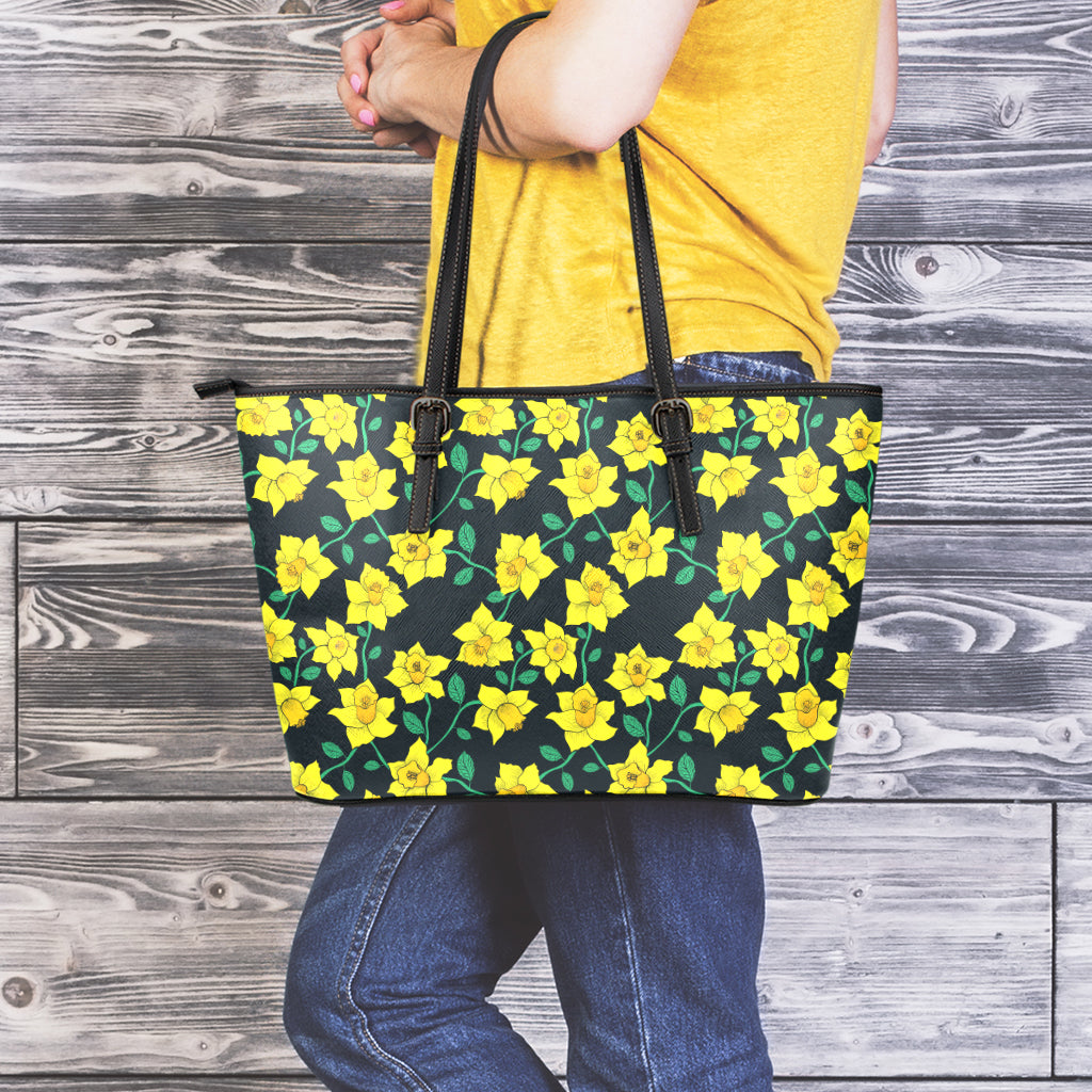 Drawing Daffodil Flower Pattern Print Leather Tote Bag