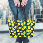 Drawing Daffodil Flower Pattern Print Leather Tote Bag