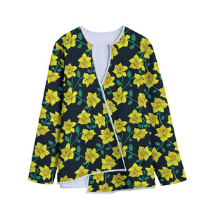 Drawing Daffodil Flower Pattern Print Long Sleeve Short Coat