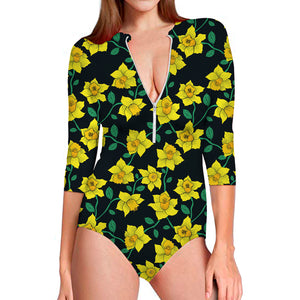 Drawing Daffodil Flower Pattern Print Long Sleeve Swimsuit