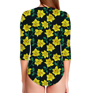 Drawing Daffodil Flower Pattern Print Long Sleeve Swimsuit