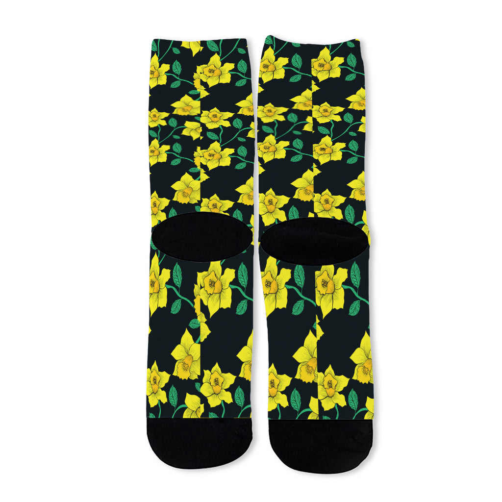 Drawing Daffodil Flower Pattern Print Long Socks