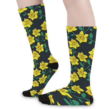 Drawing Daffodil Flower Pattern Print Long Socks