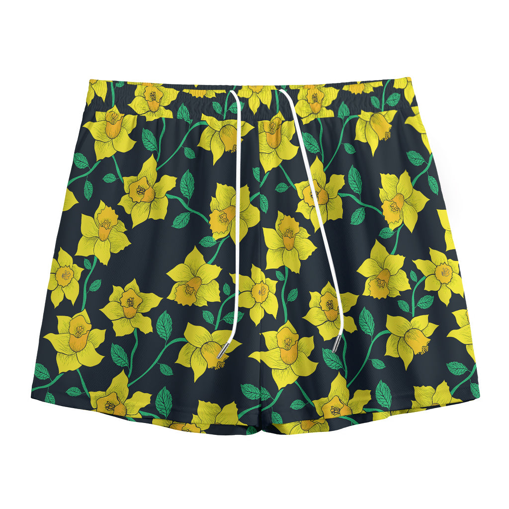 Drawing Daffodil Flower Pattern Print Mesh Shorts