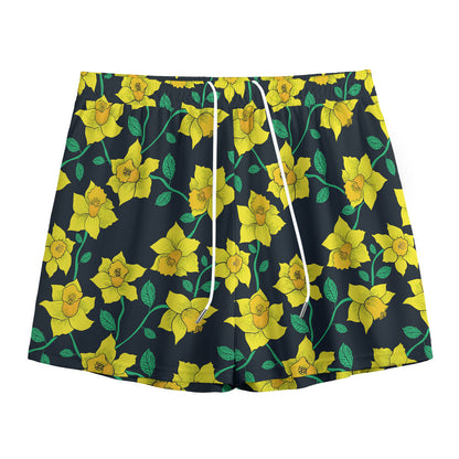 Drawing Daffodil Flower Pattern Print Mesh Shorts