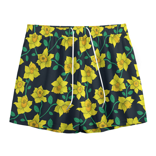 Drawing Daffodil Flower Pattern Print Mesh Shorts