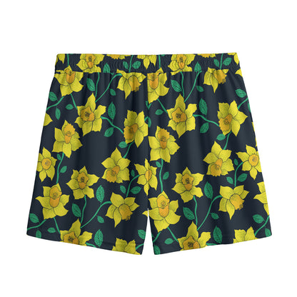 Drawing Daffodil Flower Pattern Print Mesh Shorts