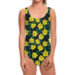 Drawing Daffodil Flower Pattern Print One Piece Swimsuit