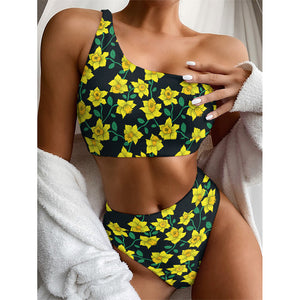 Drawing Daffodil Flower Pattern Print One Shoulder Bikini Top