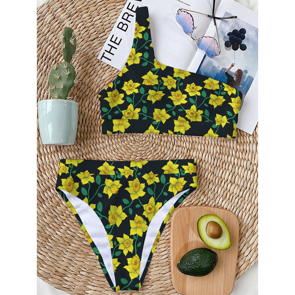 Drawing Daffodil Flower Pattern Print One Shoulder Bikini Top