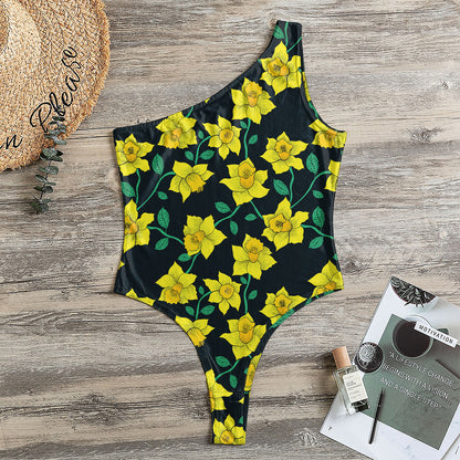 Drawing Daffodil Flower Pattern Print One Shoulder Bodysuit