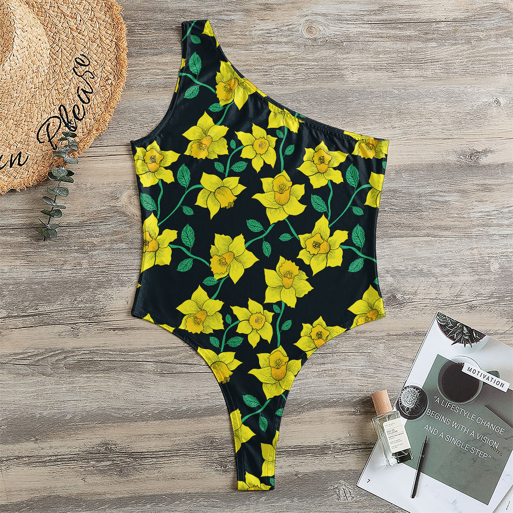 Drawing Daffodil Flower Pattern Print One Shoulder Bodysuit