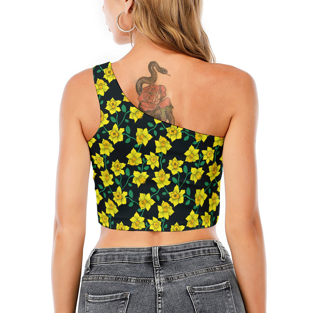 Drawing Daffodil Flower Pattern Print One Shoulder Crop Top