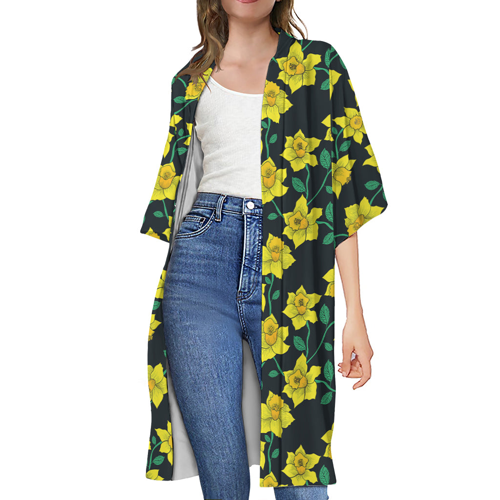 Drawing Daffodil Flower Pattern Print Open Front Beach Cover Up