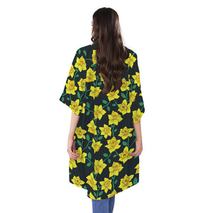 Drawing Daffodil Flower Pattern Print Open Front Beach Cover Up