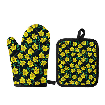 Drawing Daffodil Flower Pattern Print Oven Mitt And Pot Holder Set