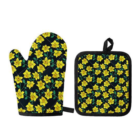 Drawing Daffodil Flower Pattern Print Oven Mitt And Pot Holder Set