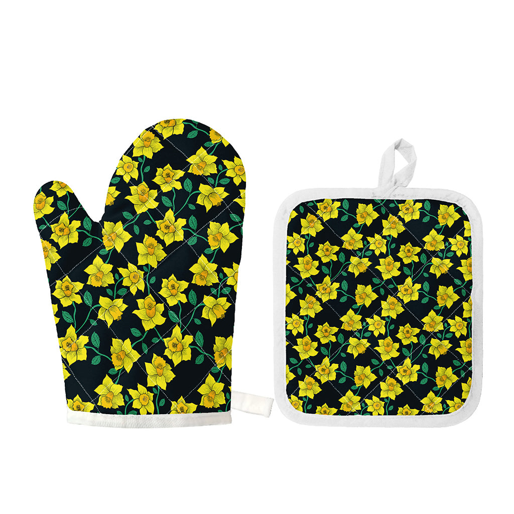 Drawing Daffodil Flower Pattern Print Oven Mitt And Pot Holder Set