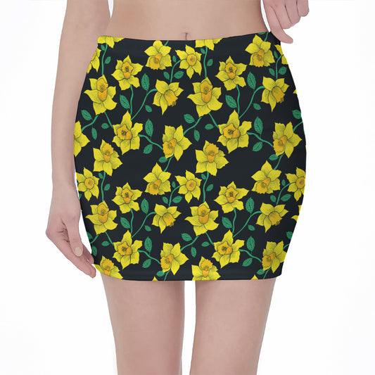 Drawing Daffodil Flower Pattern Print Pencil Mini Skirt