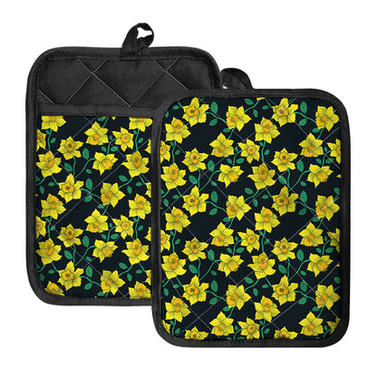 Drawing Daffodil Flower Pattern Print Pot Holders With Pocket