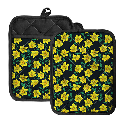 Drawing Daffodil Flower Pattern Print Pot Holders With Pocket