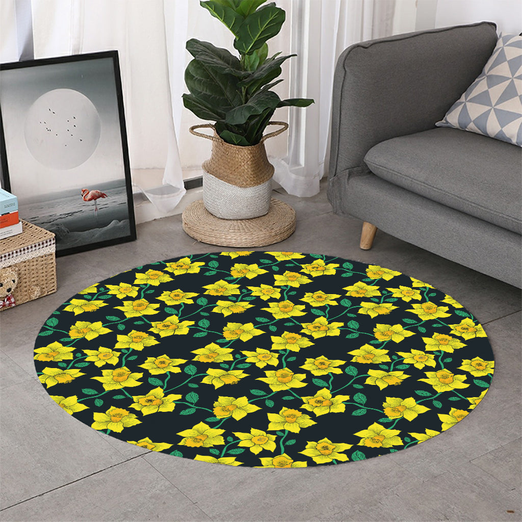 Drawing Daffodil Flower Pattern Print Round Rug