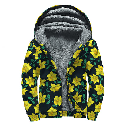 Drawing Daffodil Flower Pattern Print Sherpa Lined Zip Up Hoodie