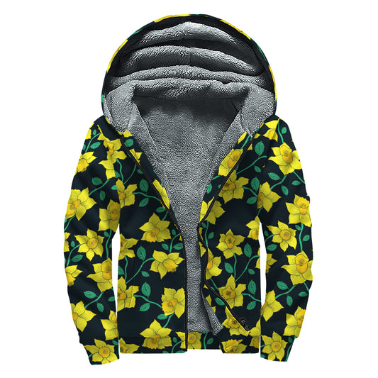 Drawing Daffodil Flower Pattern Print Sherpa Lined Zip Up Hoodie