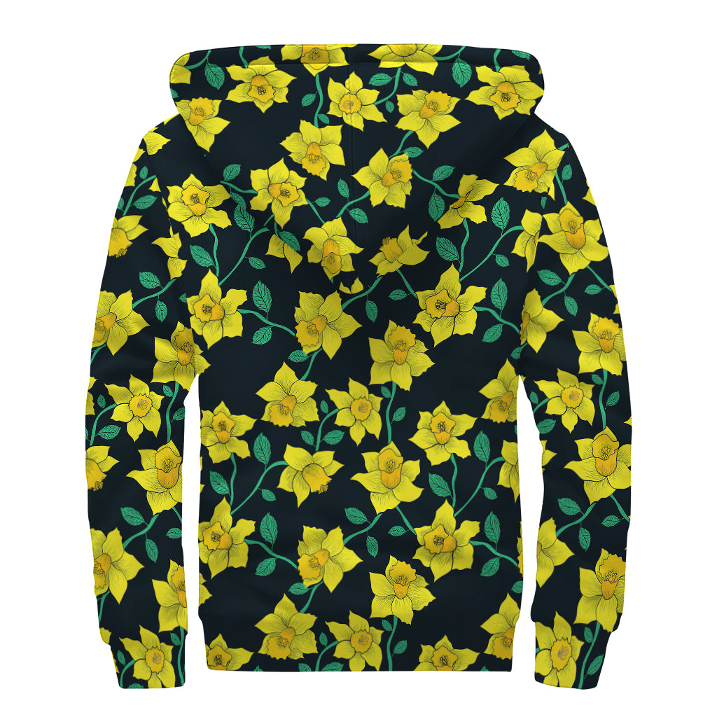 Drawing Daffodil Flower Pattern Print Sherpa Lined Zip Up Hoodie