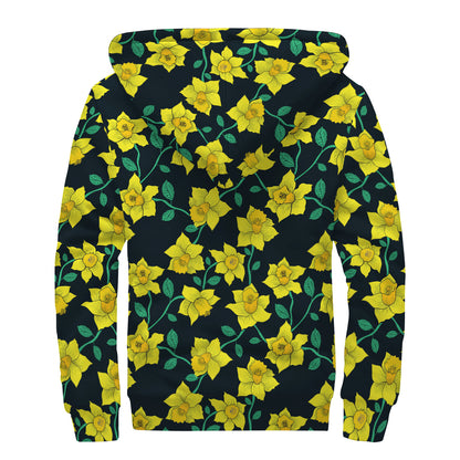 Drawing Daffodil Flower Pattern Print Sherpa Lined Zip Up Hoodie