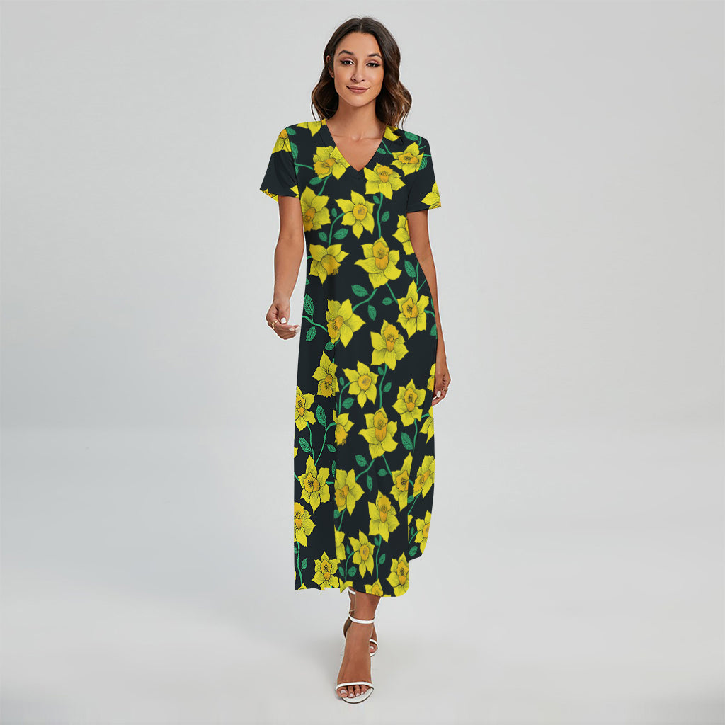 Drawing Daffodil Flower Pattern Print Short Sleeve Maxi Dress