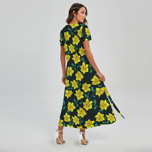 Drawing Daffodil Flower Pattern Print Short Sleeve Maxi Dress