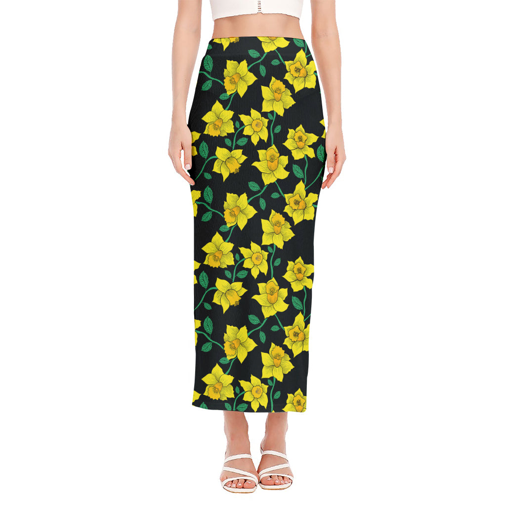 Drawing Daffodil Flower Pattern Print Side Slit Maxi Skirt