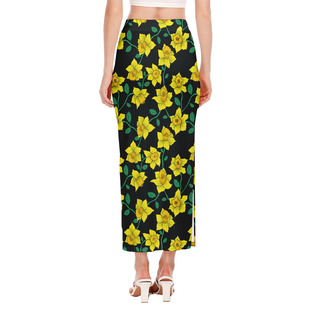 Drawing Daffodil Flower Pattern Print Side Slit Maxi Skirt