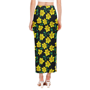 Drawing Daffodil Flower Pattern Print Side Slit Maxi Skirt