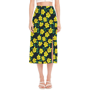 Drawing Daffodil Flower Pattern Print Side Slit Midi Skirt