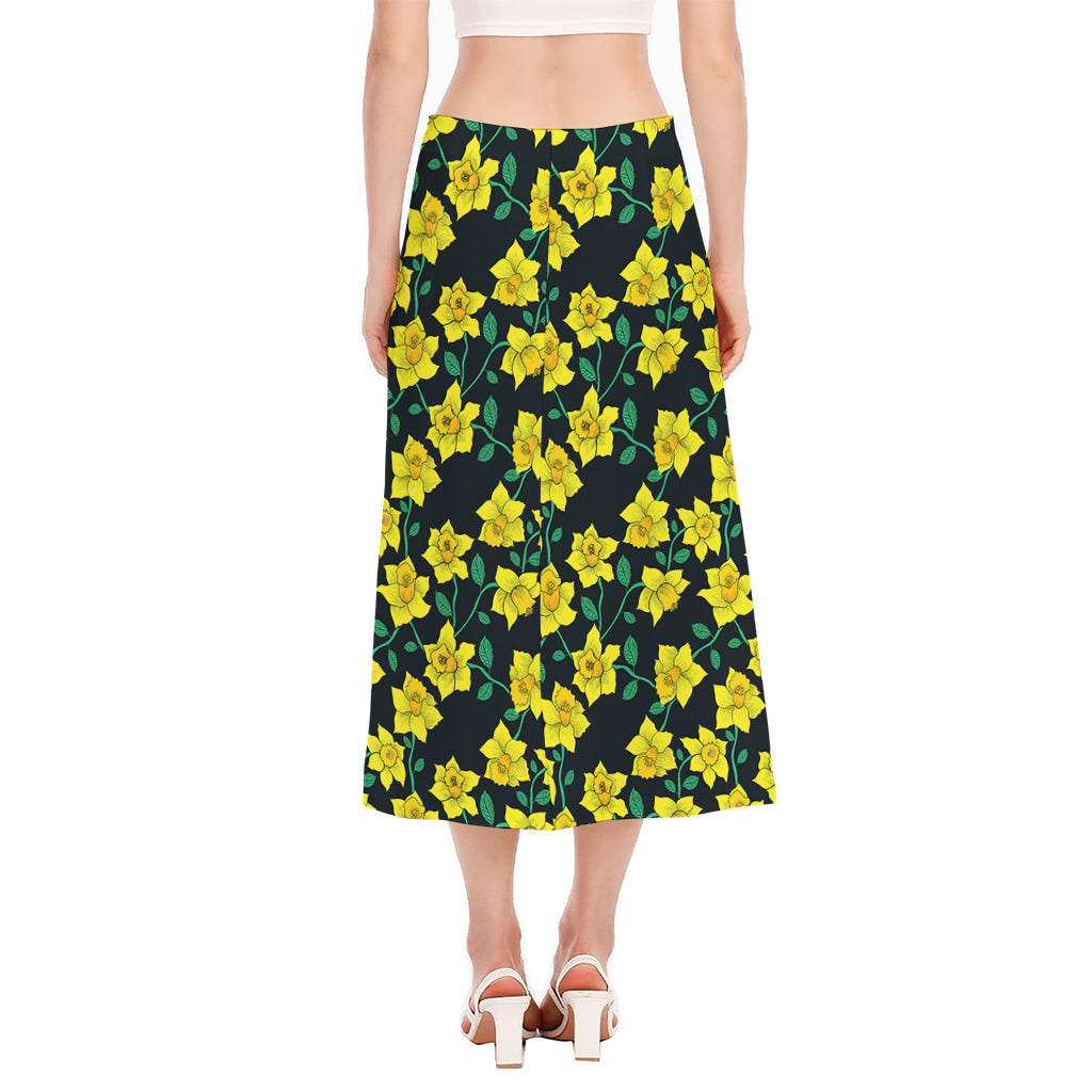 Drawing Daffodil Flower Pattern Print Side Slit Midi Skirt