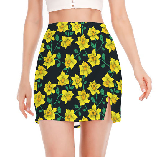 Drawing Daffodil Flower Pattern Print Side Slit Mini Skirt