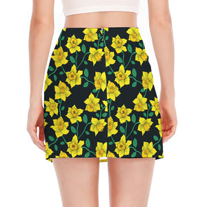 Drawing Daffodil Flower Pattern Print Side Slit Mini Skirt