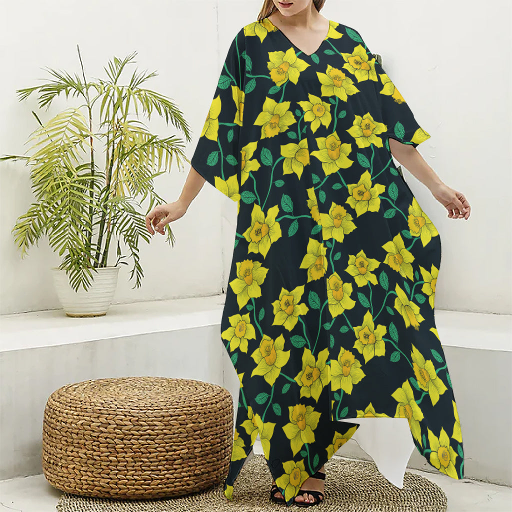 Drawing Daffodil Flower Pattern Print Silk V-Neck Kaftan Dress