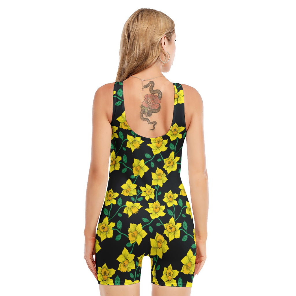 Drawing Daffodil Flower Pattern Print Sleeveless One Piece Swimsuit