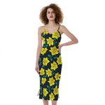 Drawing Daffodil Flower Pattern Print Slim Fit Midi Cami Dress